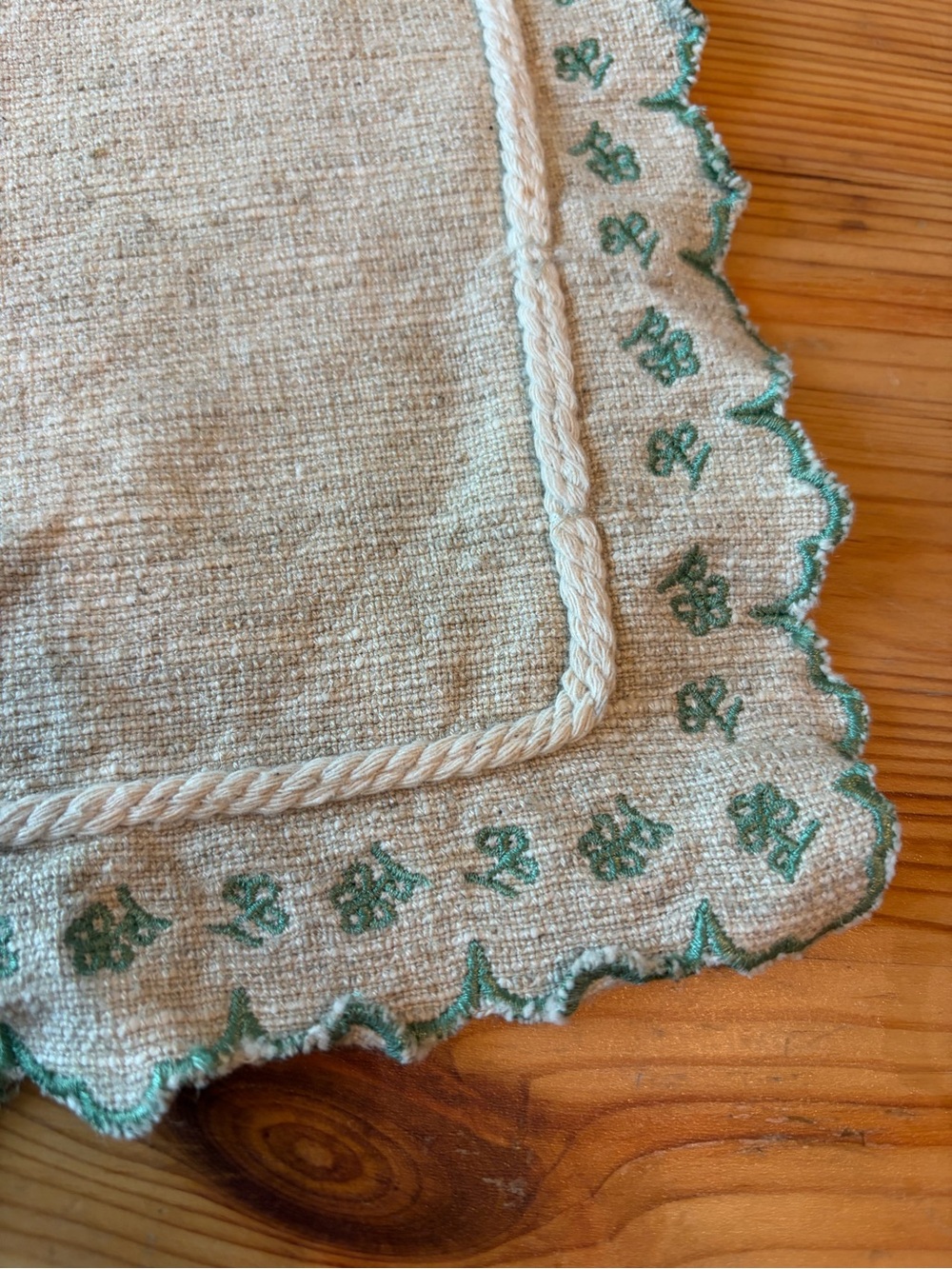 Magnolia Table Runner 66” Beige With Green Embroidered Floral Trim Linen Blend - Picture 3 of 4